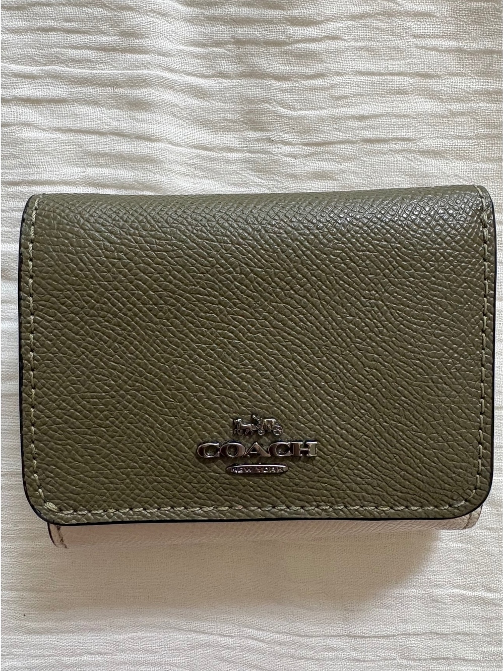 Coach Olive and Cream Color Small Trifold Wallet.